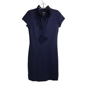 Lilly Pulitzer Dress Wmns XS Navy Blue Ruffle V-Neck Embroidered Short Sleeve‎
